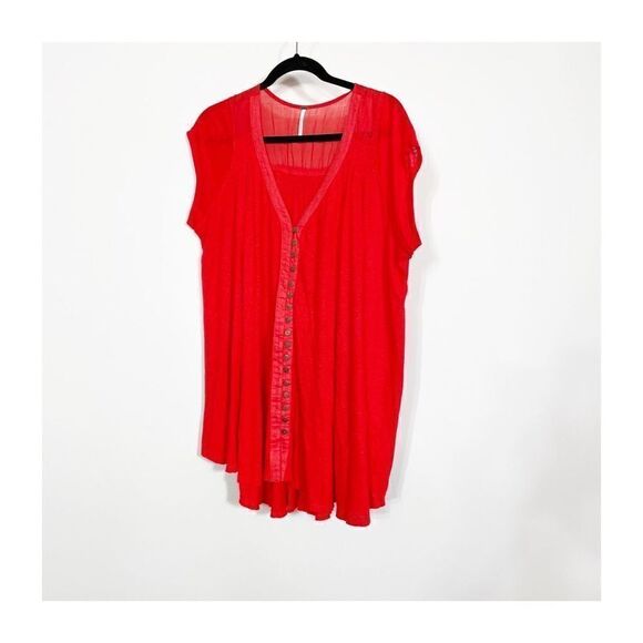 Free People Top Blouse Highland V Neck Linen Blend Red Womens Small - Picture 2 of 8